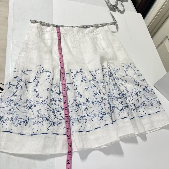 Ann Taylor 100% Linen A Line Skirt Size 8 White Blue Embroidered Floral Lined - Picture 10 of 12